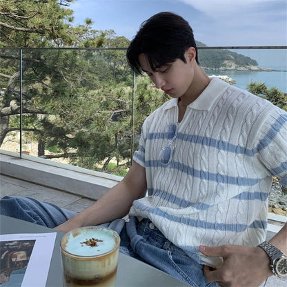 Elegant Y-shaped lapel striped sweater in ivory color with relaxed fit and vertical stripe pattern