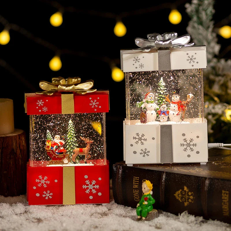 A festive red gift box with a crystal ball night lamp that emits warm, soothing lighting and plays classic Christmas songs.