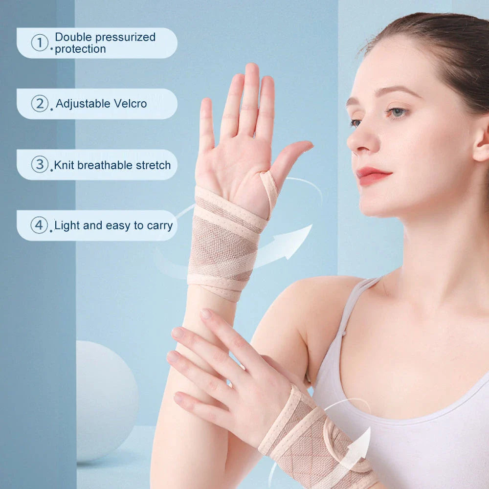 Premium sports wrist brace made of breathable spandex material with adjustable compression for customized support and pain relief during physical activities.
