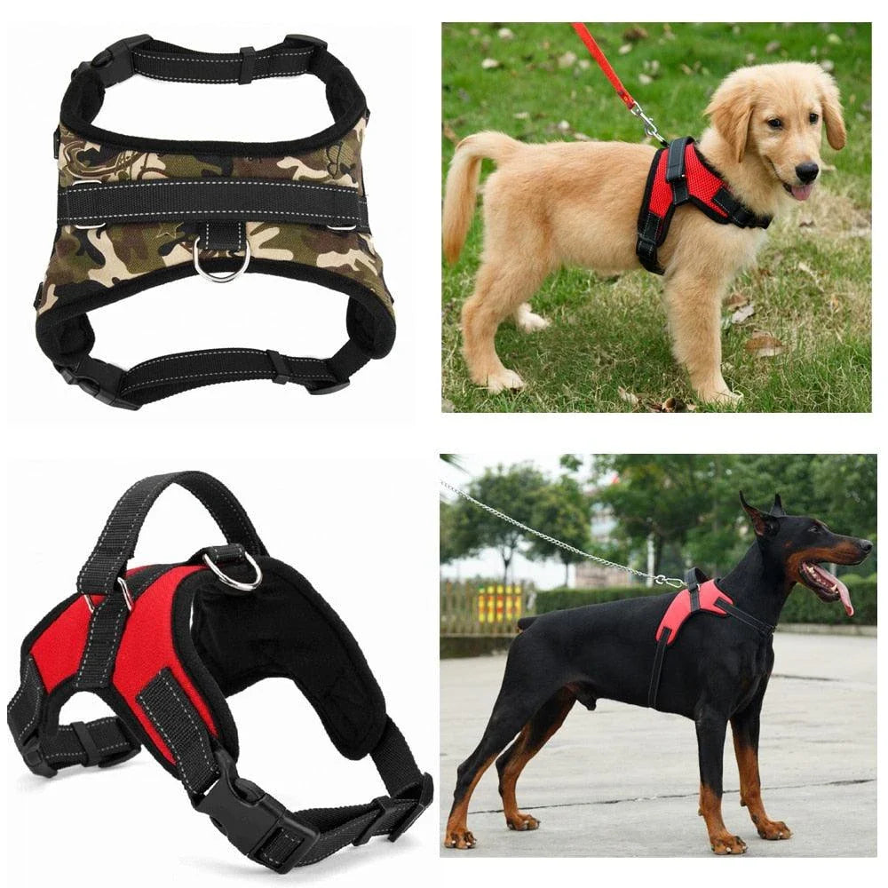 Durable nylon dog harness in camouflage pattern with adjustable straps for a custom fit