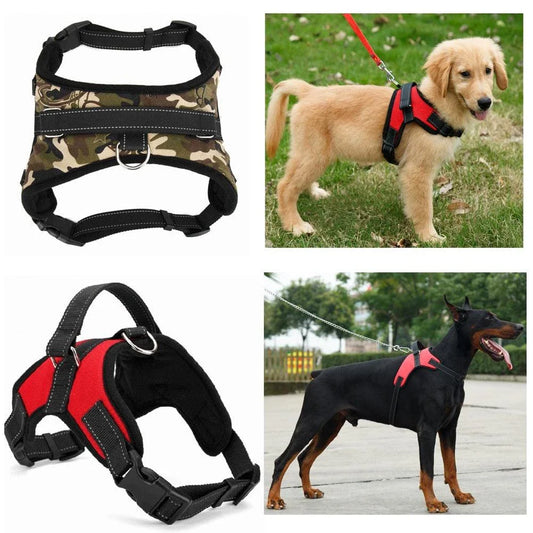 Durable nylon dog harness in camouflage pattern with adjustable straps for a custom fit