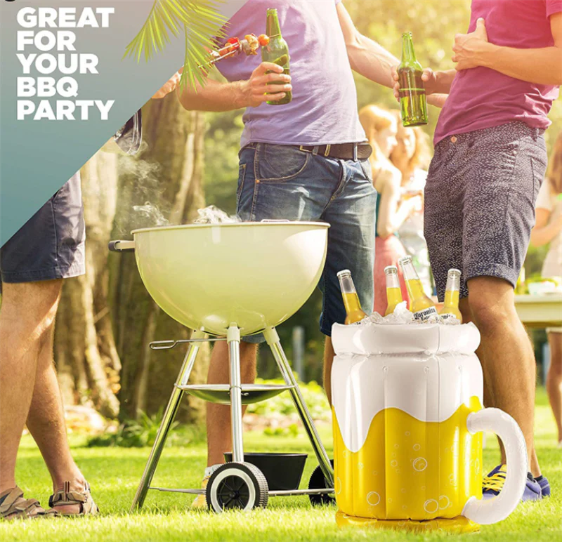 Oversized inflatable beer mug-shaped pool float with built-in cup holder for keeping drinks chilled and secure