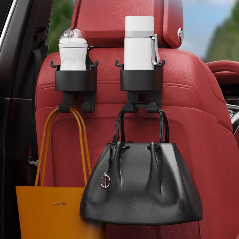Multifunctional car seat hook with drink holder, black plastic car organizer accessory