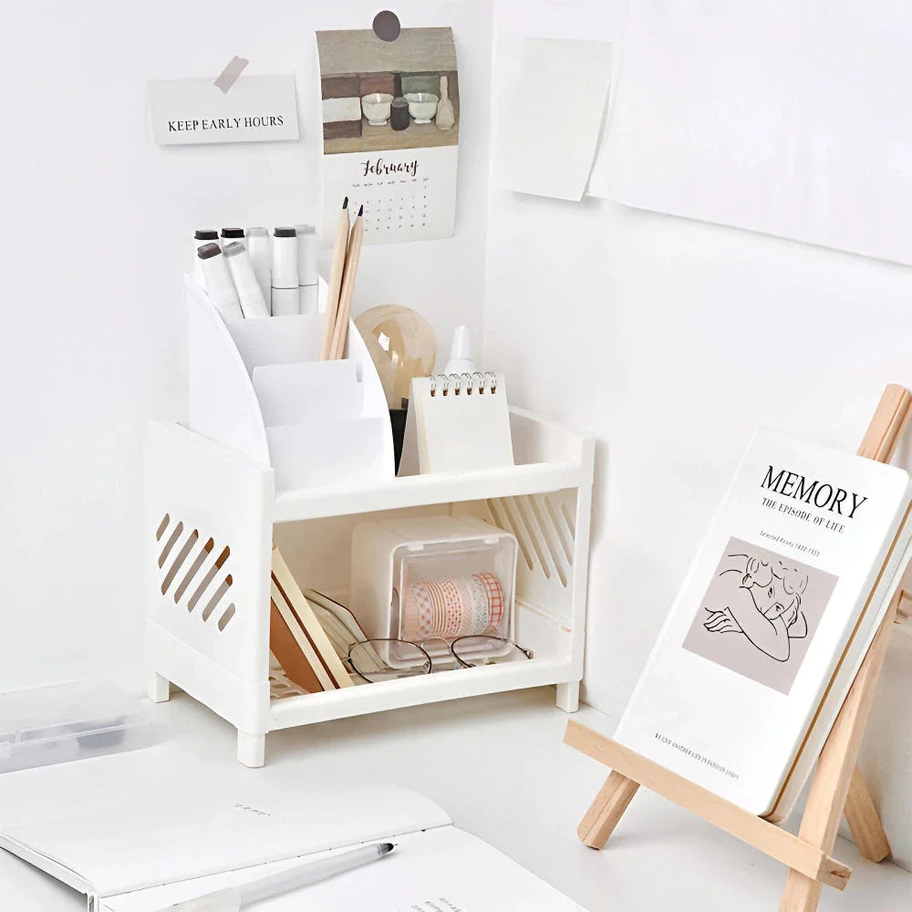 Sleek white desktop organizer with two-tier storage compartments for keeping office supplies, cosmetics, and other essentials neatly organized on a desk or countertop