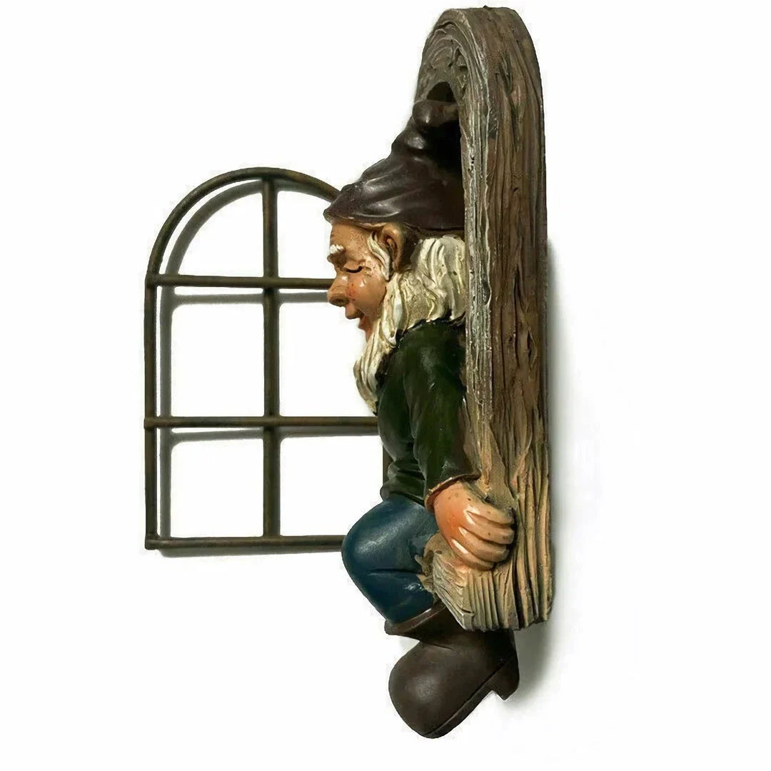 Charming elf tree hugger garden statue made of high-quality resin with intricate details, designed to hang on trees or peek out from windows and doors