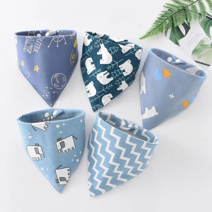 Fashionable cotton baby bandana bibs in various prints, with waterproof backing and adjustable design