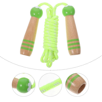 Adjustable Wooden Skipping Rope with Cartoon Characters for Kids in Blue, Green, and Pink Colors