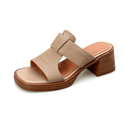 Women's Leather Peep Toe High Heel Sandals in Black, featuring genuine leather upper, sheepskin lining, and stylish square heel design