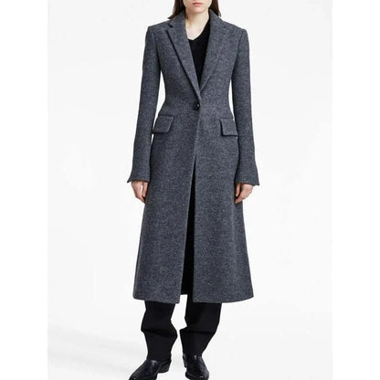 Elegant woolen long coat for women featuring a stylish turn-down collar and single-button closure for a chic, sophisticated look.