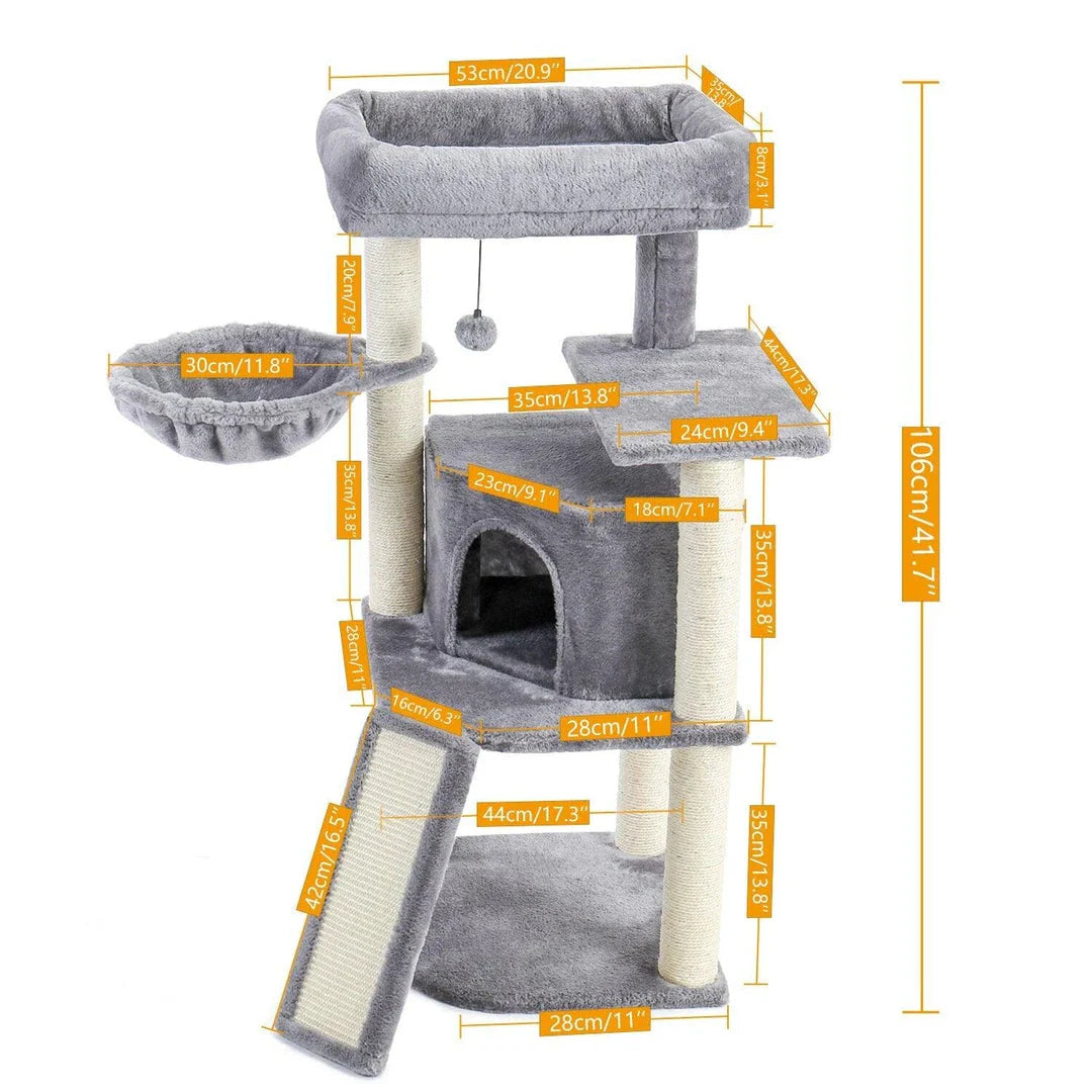 Cozy Cat Tree House with Ladder - A premium cat furniture piece featuring a spacious two-level design, sisal-covered scratching posts, and a convenient built-in ladder for your feline friend's comfort and enrichment.