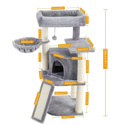 Cozy Cat Tree House with Ladder - A premium cat furniture piece featuring a spacious two-level design, sisal-covered scratching posts, and a convenient built-in ladder for your feline friend's comfort and enrichment.