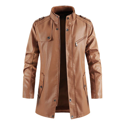 Fashionable standing collar plush leather jacket for men in black, brown, and light brown colors