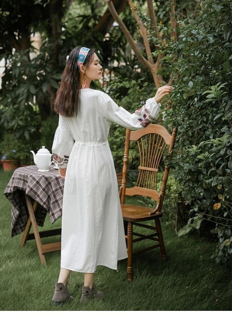 Hhomeenjoy Elegant Embroidered Cotton-Linen Waist-Cinching Dress with Tassels - Ethnic Chic