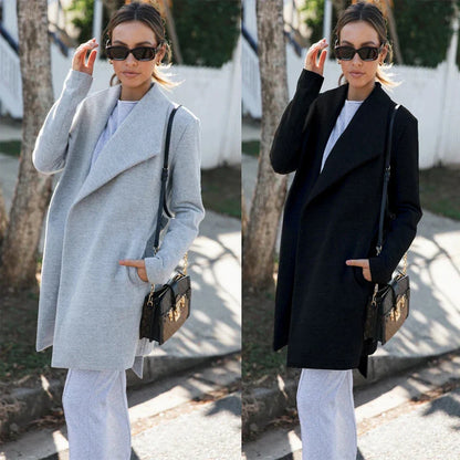 A versatile polyester trench coat in grey, featuring a classic silhouette and convenient design for easy layering over any outfit.