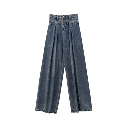 Fashionable wide-leg blue denim jeans with a relaxed, comfortable fit and high-waisted design