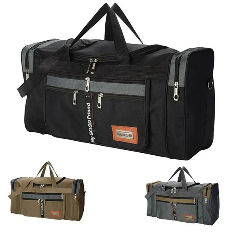 Large Capacity Travel Duffel Bag in Black, Khaki, and Dark Grey colors with spacious design, durable Oxford fabric, and secure zipper closure