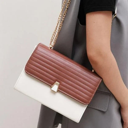 Color Block Quilted Vegan Leather Fashion Shoulder Bag in Orange with Decorative Lock and Chain Detail