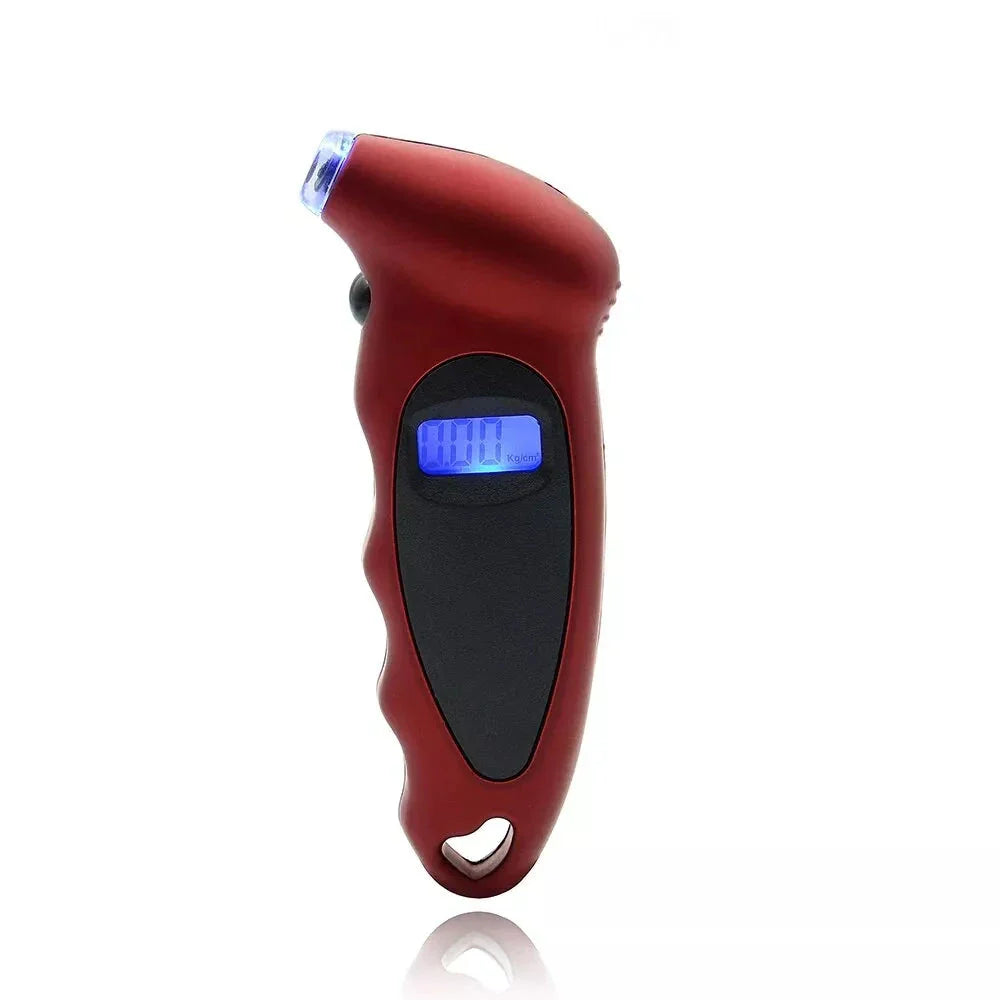 Digital tire pressure gauge with backlit LCD display, showing accurate readings in multiple units for various vehicle types.