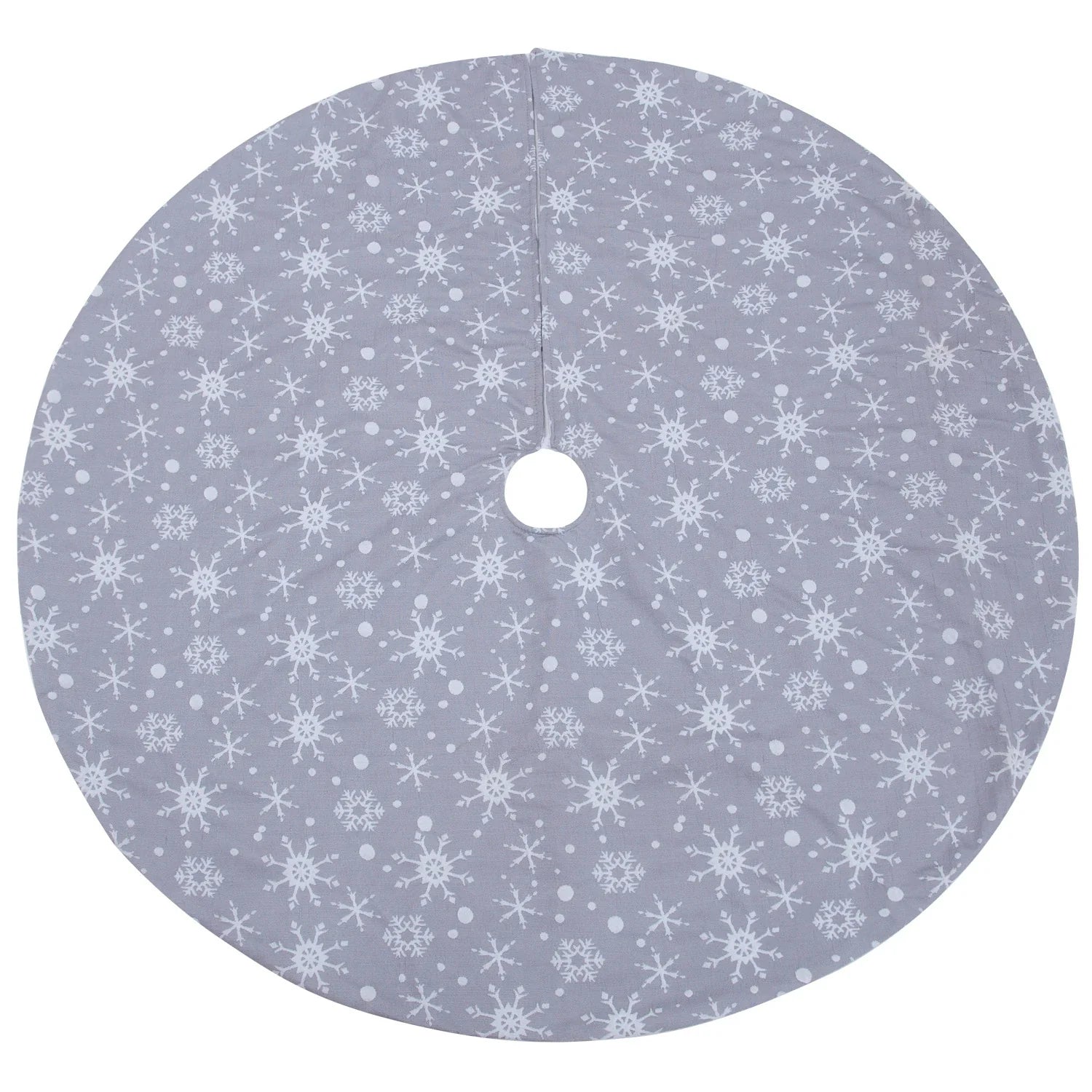 Elegant gray and white snowflake Christmas tree skirt for festive holiday home decor