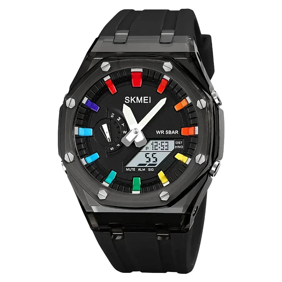 A durable, waterproof digital sports watch with LED lighting for easy reading in any conditions