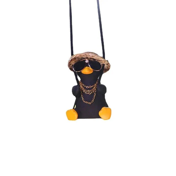 Cute swinging duck car pendant with a guitar and coke-themed design, adding a touch of personality to your vehicle