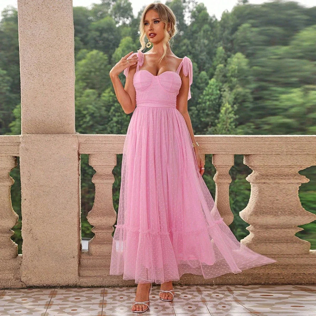 Fairy-inspired dress with mid-length silhouette, lace-up details, and luxurious polyester fabric