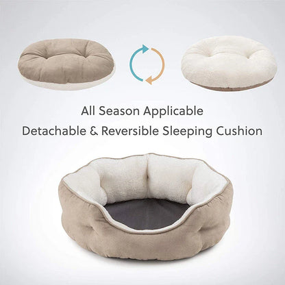 Cozy round small pet bed in beige color, made of soft microfiber fleece for ultimate comfort and relaxation