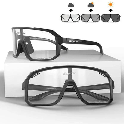 Pair of adjustable, photochromic cycling sunglasses with UV400 protection, suitable for outdoor activities and sports