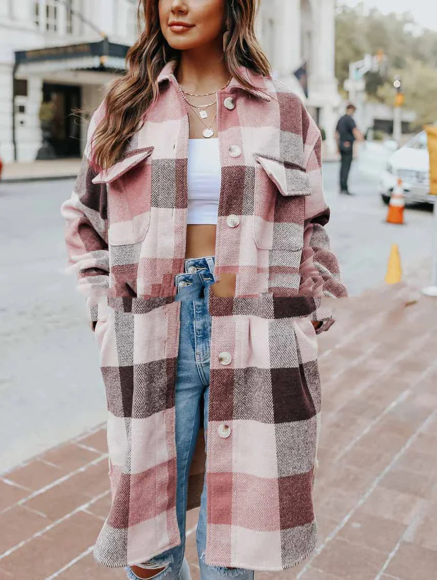 A fashionable women's plaid woolen jacket with a relaxed fit, featuring a timeless plaid pattern and polyester construction for comfort and durability.