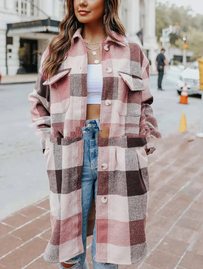 A fashionable women's plaid woolen jacket with a relaxed fit, featuring a timeless plaid pattern and polyester construction for comfort and durability.