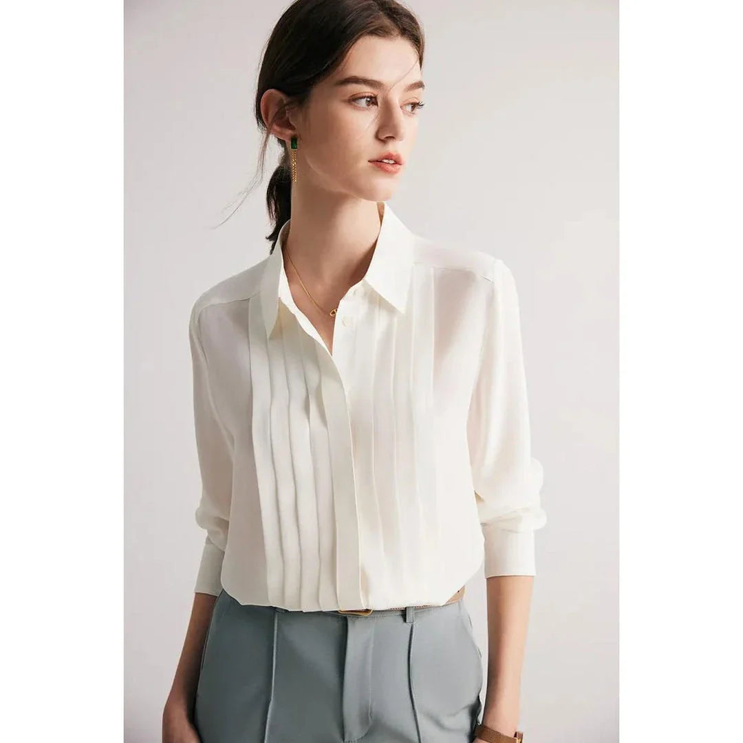 Elegant white blouse made from premium mulberry silk, designed with a sophisticated turn-down collar for the modern office lady
