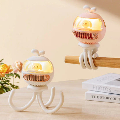 Cartoon Safety Bladeless Stroller Fan with adorable doll night light feature for keeping babies cool and comfortable