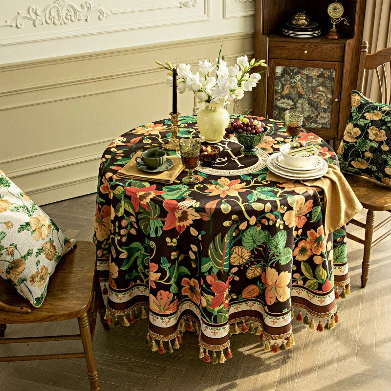 Elegant dark brown luxury tassel tablecloth with intricate printed patterns and delicate tassels, perfect for refined dining experiences