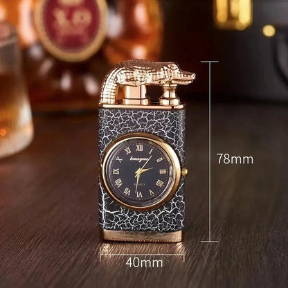 Premium dual-flame metal lighter with a distinctive crocodile head design, providing both style and functionality for outdoor and indoor use.
