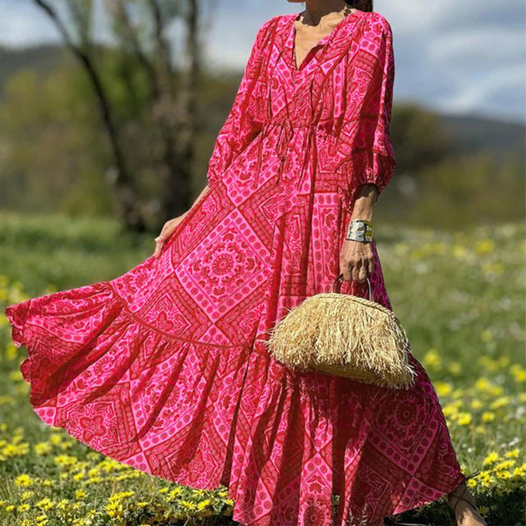 A vibrant red Bohemian-style dress with a geometric print pattern, featuring a mid-length, flattering silhouette and stretchy, comfortable Spandex fabric