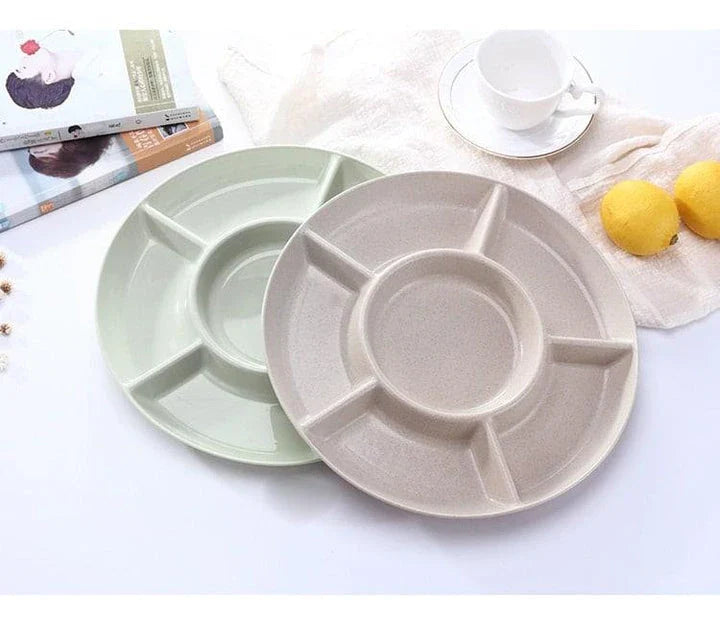 Stylish plastic plate in green and khaki colors, perfect for serving individual snacks or shared platters