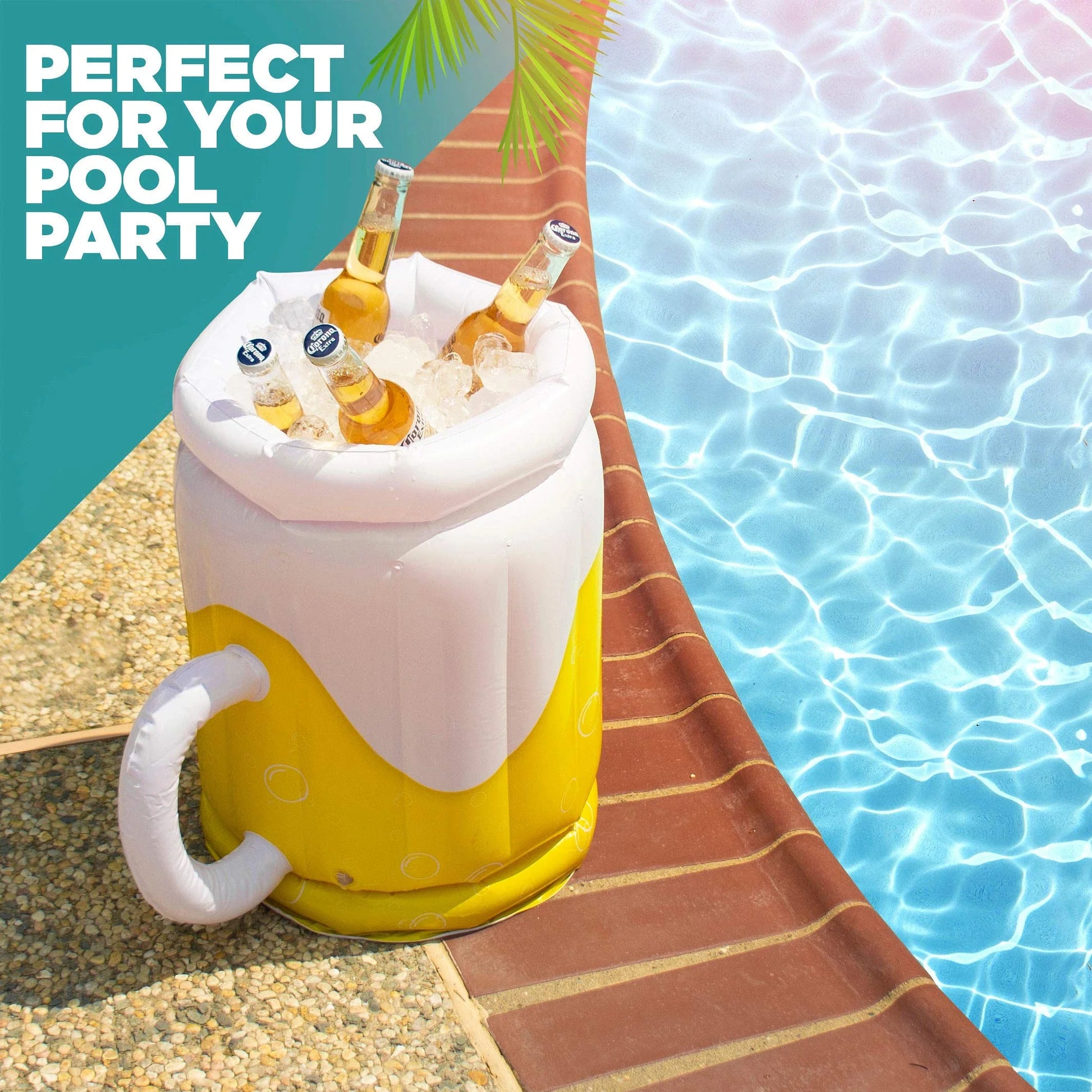 Oversized inflatable beer mug-shaped pool float with built-in cup holder for keeping drinks chilled and secure