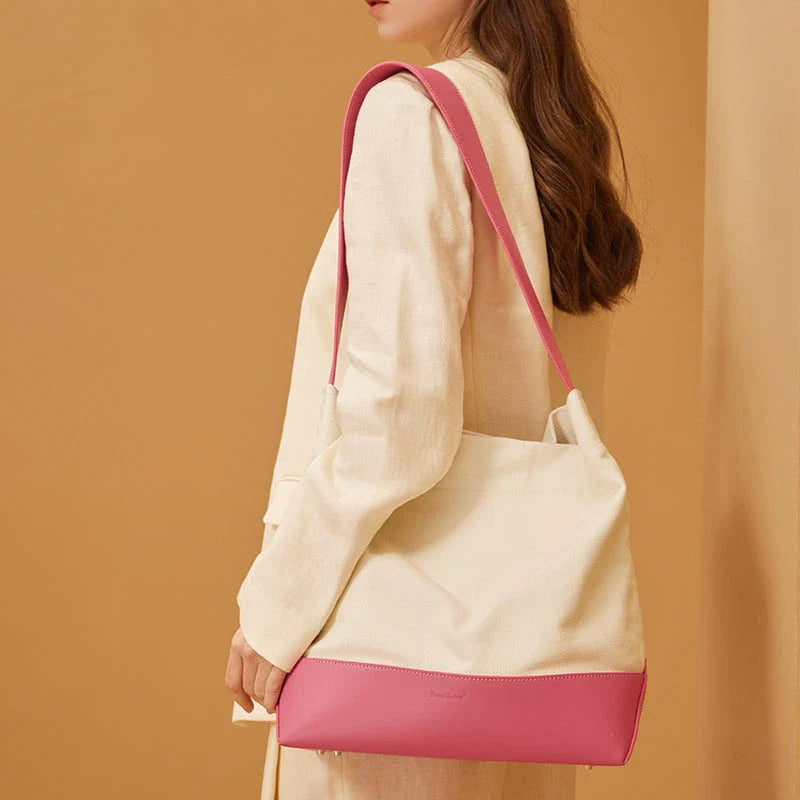 Casual Canvas Patchwork Tote Bag in White and Pink Color for Stylish American Women