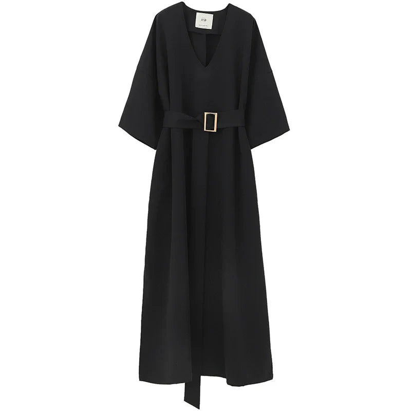 Elegant lace-accented mid-length dress in black, featuring a premium rabbit fur fabric and adjustable waist belt for a flattering silhouette.