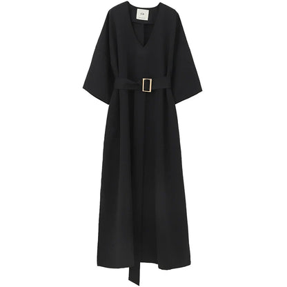 Elegant lace-accented mid-length dress in black, featuring a premium rabbit fur fabric and adjustable waist belt for a flattering silhouette.