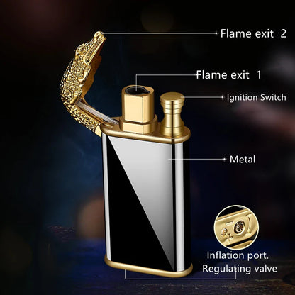 Multipurpose windproof lighter with a dragon or dolphin design, featuring a dual-flame and wind-resistant construction for versatile use.