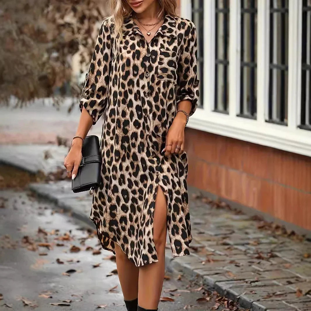 Leopard print beach coverup dress with V-neck, A-line skirt, and loose waistline