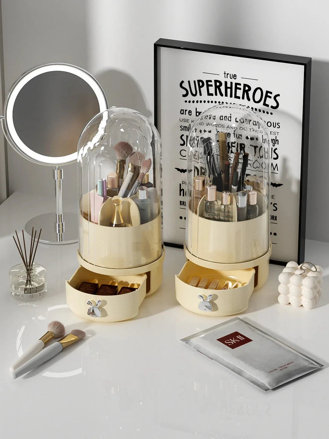 A 360-degree rotating makeup brush holder with a convenient drawer for storing brushes and other small makeup items