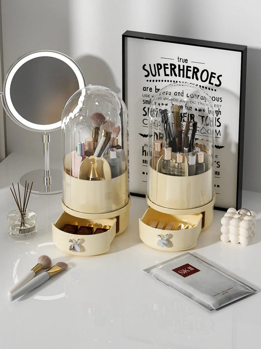 A 360-degree rotating makeup brush holder with a convenient drawer for storing brushes and other small makeup items