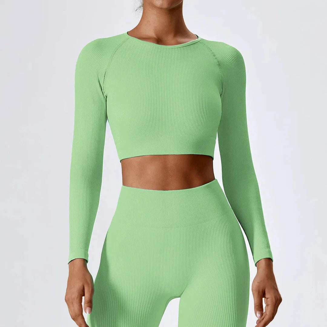 Essential Comfort Women's Ribbed Long Sleeve Yoga Crop Top in Tiffany Blue color