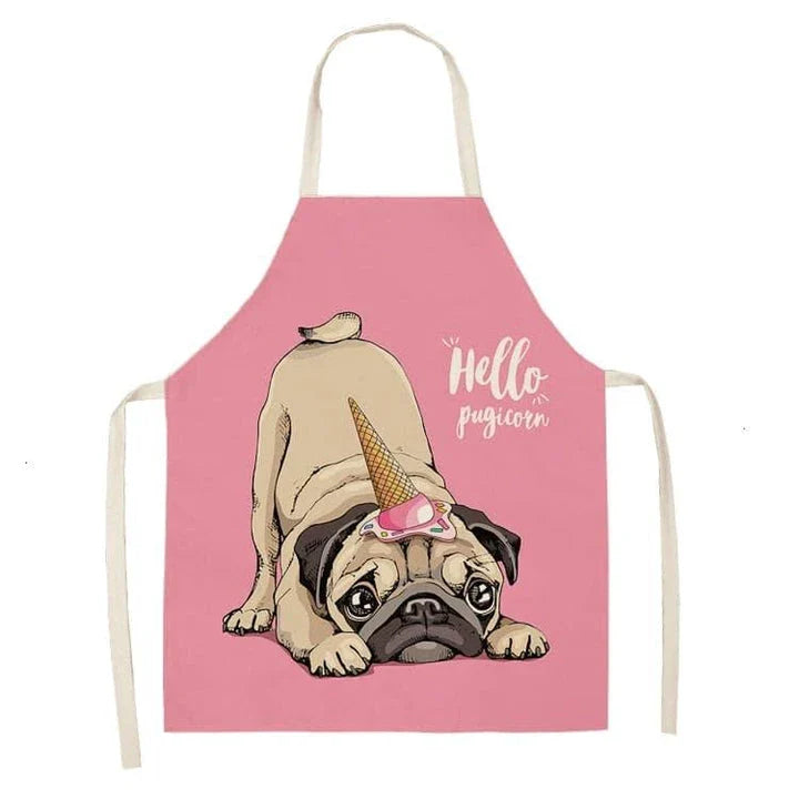 Charming pug-themed apron with a vibrant print, made of durable cotton and linen materials for practical kitchen use.