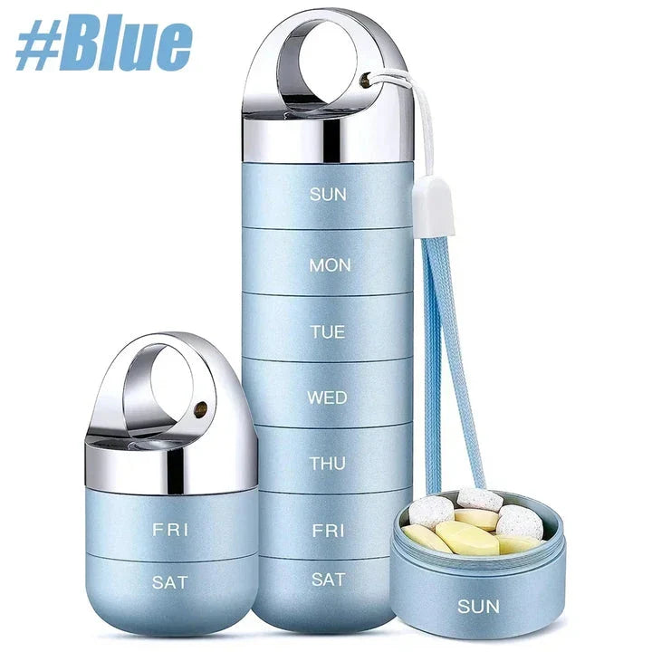 A high-quality, waterproof metal weekly pill box organizer with spacious compartments for managing medications on the go