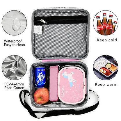 Cartoon unicorn-patterned lunch boxes with insulated bags, made of durable materials for practical and whimsical lunchtime solutions.