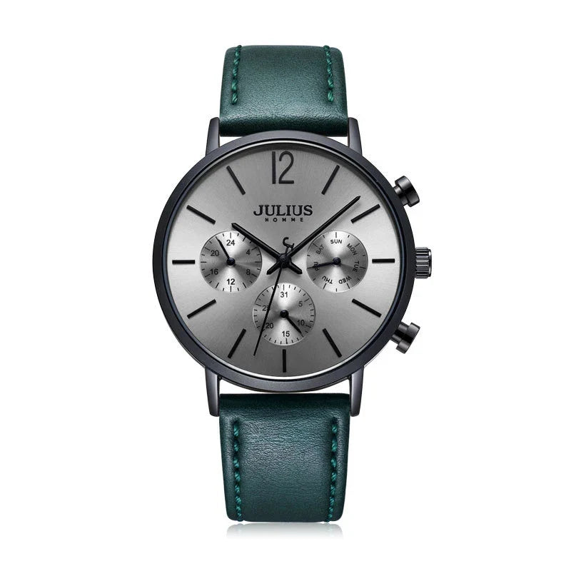 A sophisticated multi-function quartz watch with a sleek design, water-resistant construction, and versatile features.