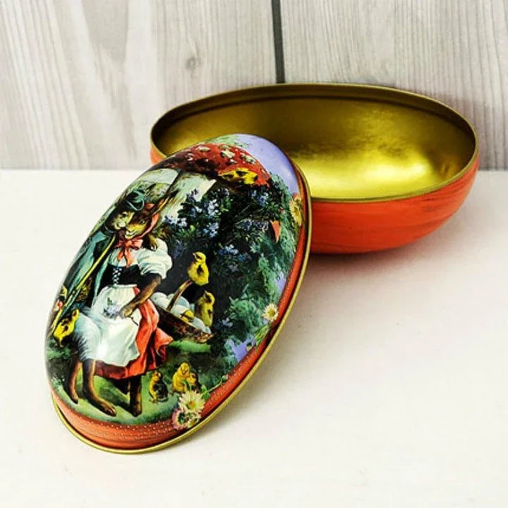 Decorative Easter Eggs Candy Jar - Festive tin container with egg-shaped design for storing and displaying Easter candies and treats